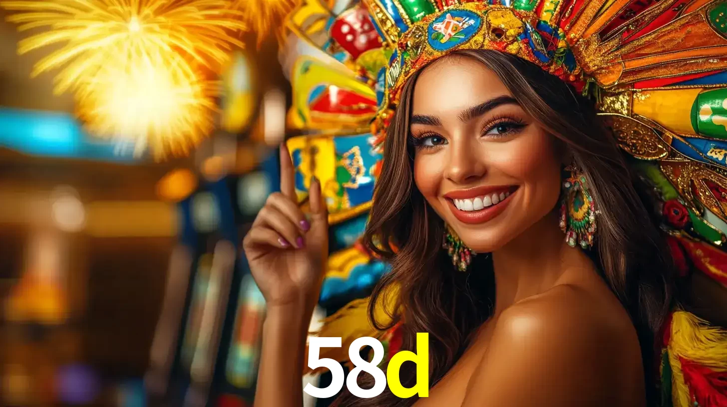 Mulher sorridente com um cocar de carnaval vibrante e colorido, celebrando uma grande vitória nos jogos do cassino 58d com fogos de artifício ao fundo.