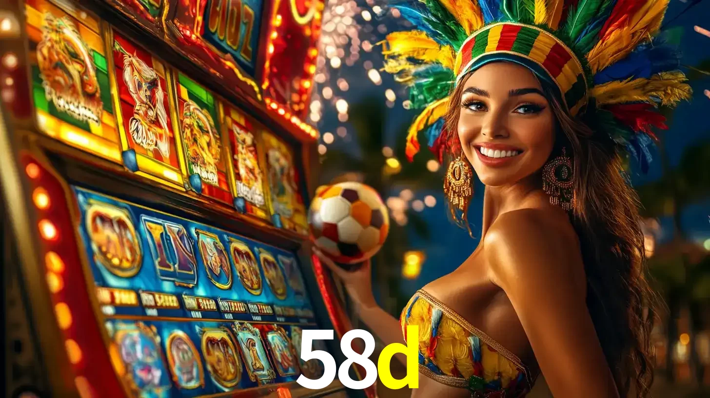 Mulher com um cocar de carnaval ao lado de uma máquina de caça-níqueis enquanto segura uma bola de futebol, mostrando a união da diversão de cassino e esportes no 58d.