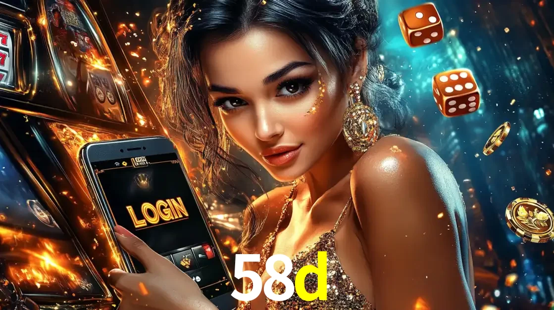 Mulher glamourosa segurando um celular com a tela de login do cassino 58d, rodeada por dados e moedas douradas, pronta para começar a diversão.