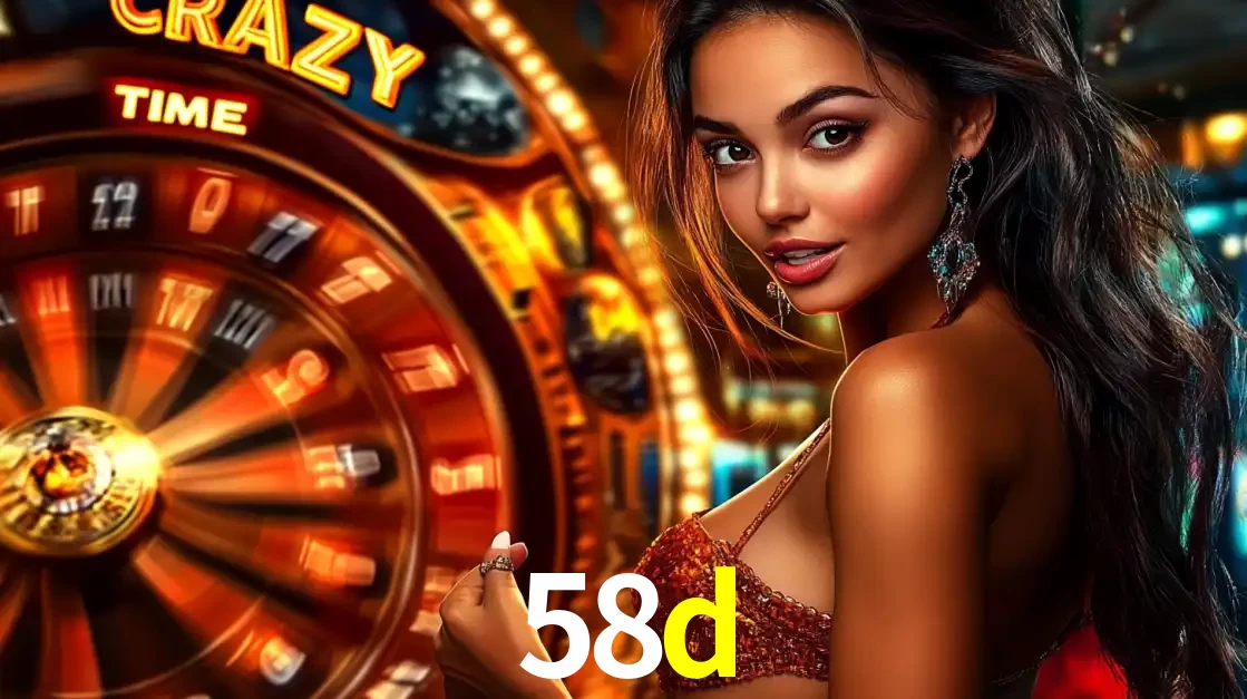 Mulher ao lado da roda de prêmios do jogo de cassino ao vivo Crazy Time, um dos shows de jogos mais emocionantes oferecidos pela plataforma de apostas 58d.