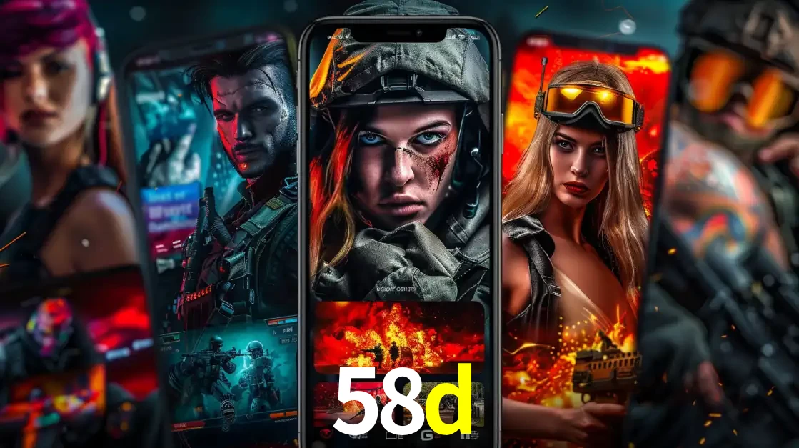 Montagem de telas de celular mostrando diversos personagens, masculinos e femininos, de um jogo de tiro, ilustrando a diversidade de equipes de e-sports para apostar no 58d.