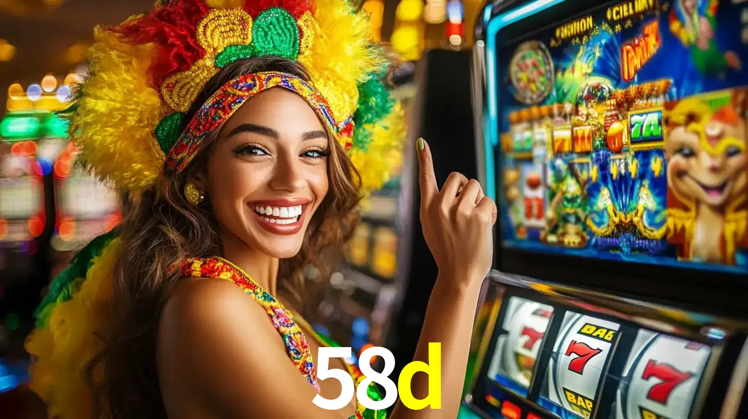 Mulher animada com um cocar de carnaval apontando para uma máquina de caça-níqueis, mostrando a emoção de ganhar um grande prêmio nos jogos do 58d.