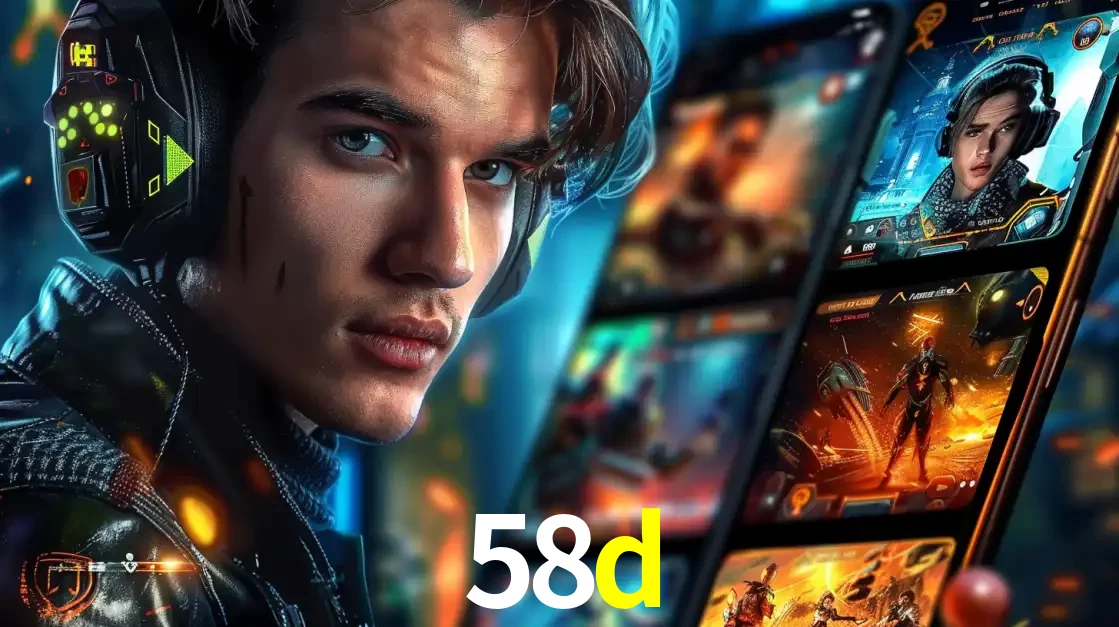 Jovem jogador com fones de ouvido olhando para a câmera, com um aplicativo de jogos e e-sports para celular ao fundo, pronto para a competição e apostas no 58d.