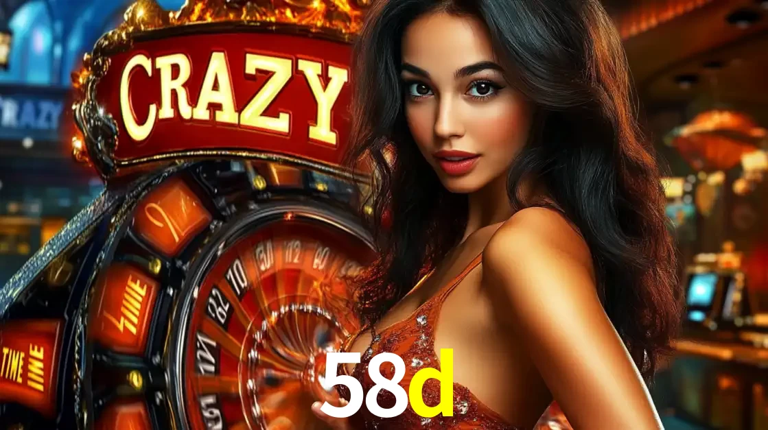Mulher glamourosa olhando para a câmera com a roda vermelha do Crazy Time ao fundo em um ambiente de cassino, destacando a emoção dos jogos ao vivo no 58d.
