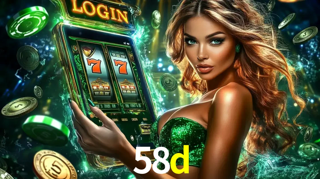 Mulher com tema verde apresentando o aplicativo do cassino 58d com um jogo de slot de 777, cercada por fichas de cassino e uma aura de sorte.