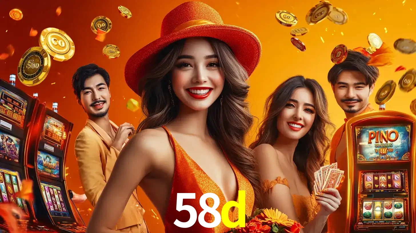Grupo de amigos asiáticos sorrindo e se divertindo com máquinas de caça-níqueis em um ambiente festivo, celebrando suas vitórias nos jogos de cassino do 58d.