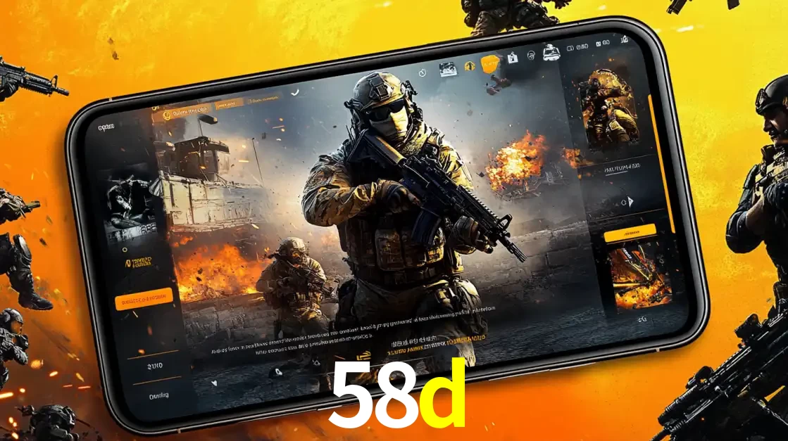 Um smartphone exibindo a interface de um jogo de tiro em primeira pessoa, com um soldado em um cenário de batalha, representando a ação dos e-sports para apostar no 58d.