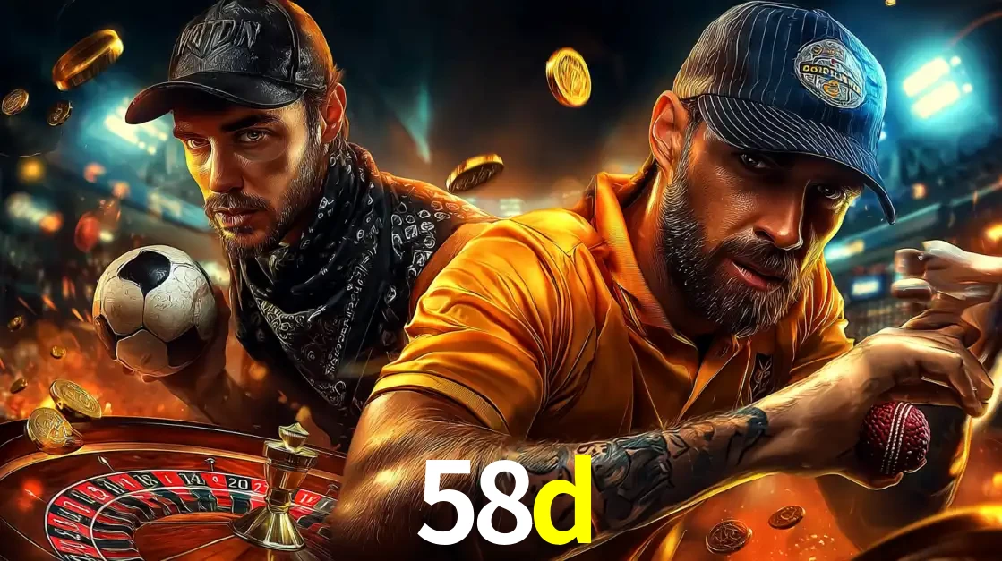 Montagem de apostas esportivas e cassino no 58d, com um homem segurando uma bola de futebol e outro uma de beisebol sobre uma roleta e moedas voadoras.