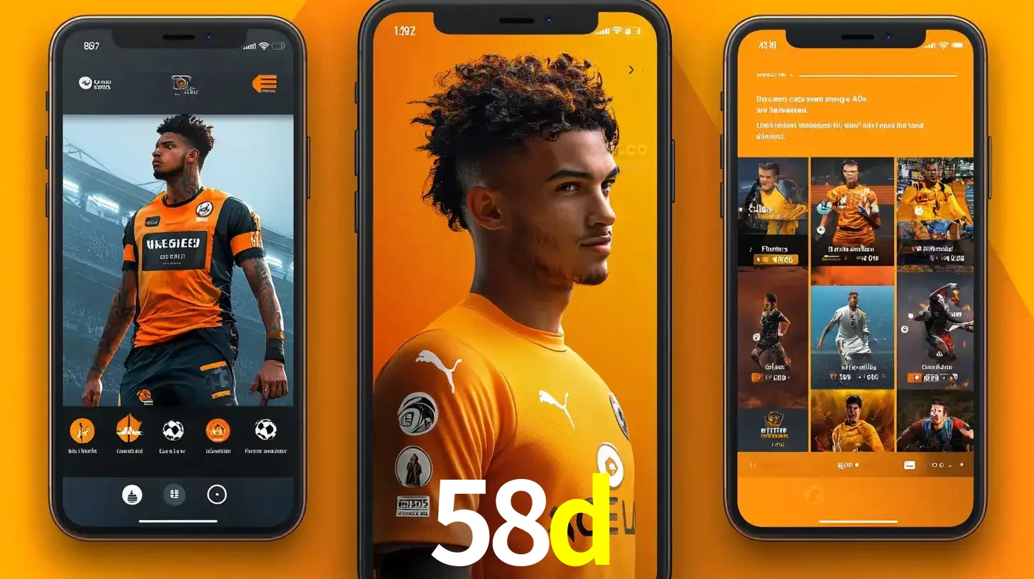 Interface do aplicativo de apostas esportivas 58d em três telas de celular, mostrando o perfil de um jogador de futebol e a lista de jogos disponíveis para apostar.