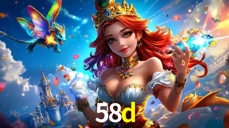 A princesa de um reino de fantasia mágico, com seu pequeno dragão, apresentando um mundo de prêmios encantados nos jogos de caça-níqueis do cassino 58d.