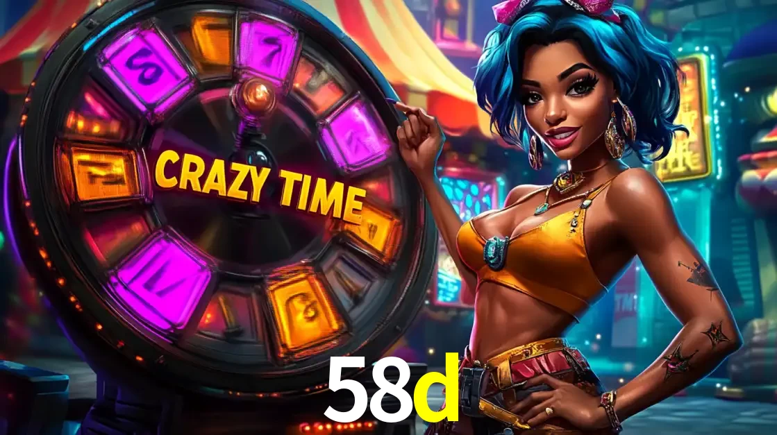 Mulher estilizada com cabelo azul e visual vibrante posando ao lado da roda de prêmios do game show Crazy Time, convidando para a diversão e os bônus do cassino 58d.