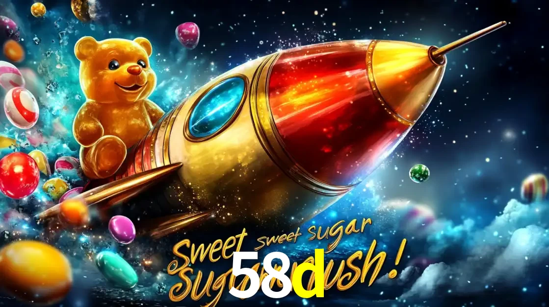 Arte promocional do jogo de slot Sugar Rush, com um urso de pelúcia em um foguete viajando pelo espaço de doces, um dos jogos divertidos disponíveis no cassino 58d.