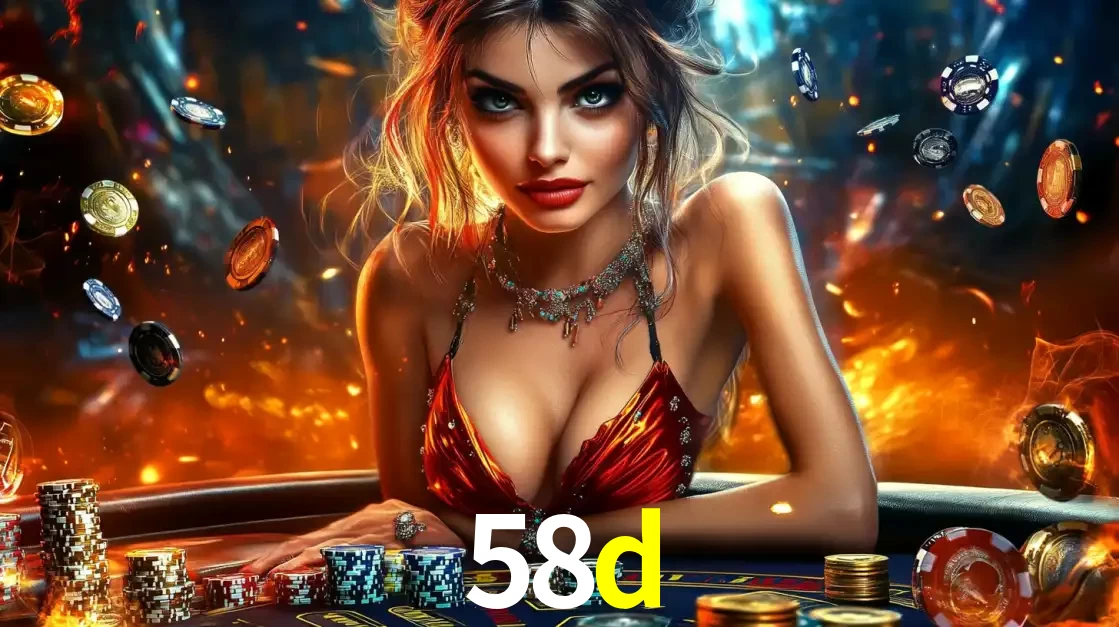 Mulher em uma mesa de cassino com pilhas de fichas e um fundo de fogo, pronta para uma rodada de altas apostas nos jogos de mesa emocionantes do cassino 58d.