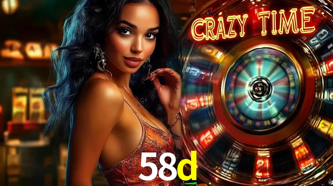 Mulher elegante ao lado da vibrante roda da fortuna do jogo de cassino ao vivo Crazy Time, um dos game shows mais populares e cheios de prêmios do 58d.
