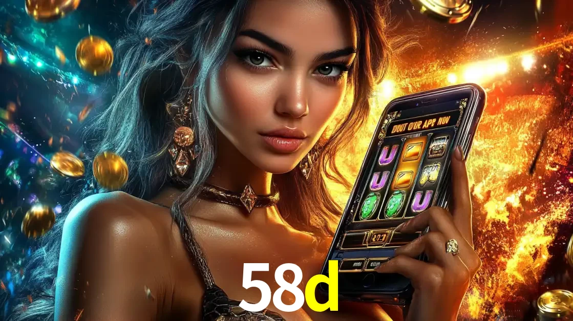Mulher elegante mostrando um jogo de caça-níqueis em seu smartphone, destacando a experiência de cassino móvel oferecida pelo aplicativo 58d.