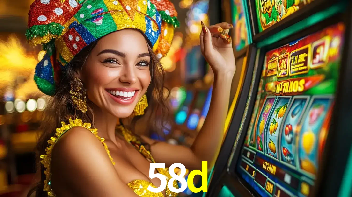Mulher feliz com traje de carnaval amarelo e colorido ao lado de uma máquina de caça-níqueis, aproveitando a diversão e os jogos temáticos do cassino 58d.