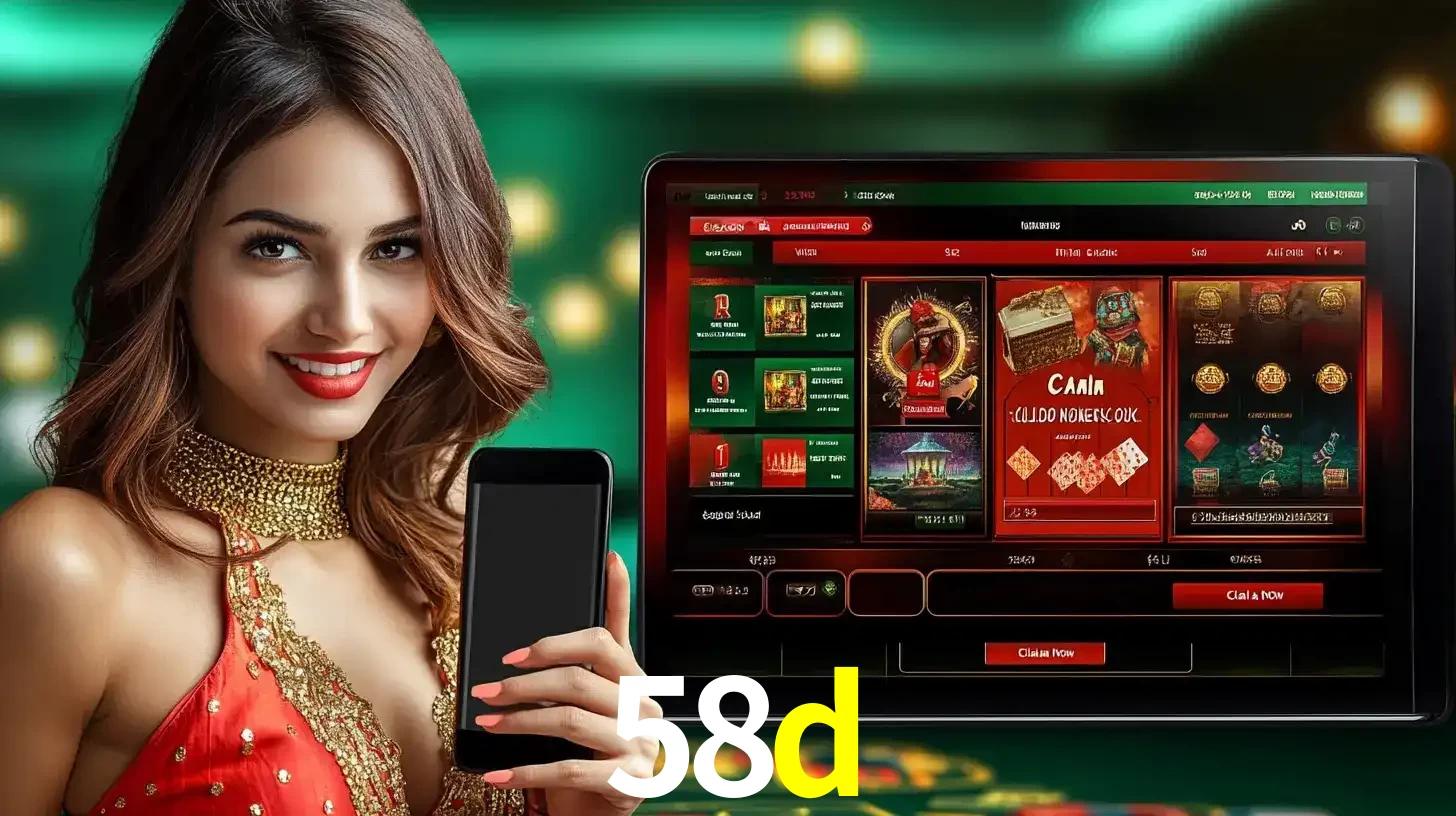 Mulher sorridente segurando um smartphone, ao lado de uma tela exibindo o lobby de jogos do cassino online 58d, com várias opções de jogos de cartas e slots.